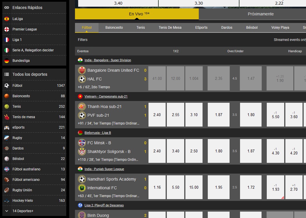 Vista de la página general de deportes