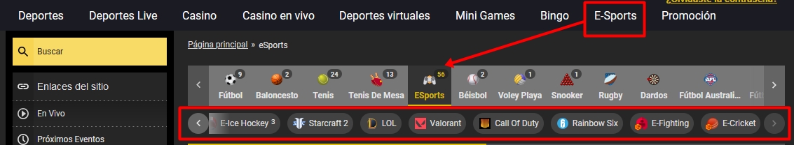 Elección de deporte con eSport