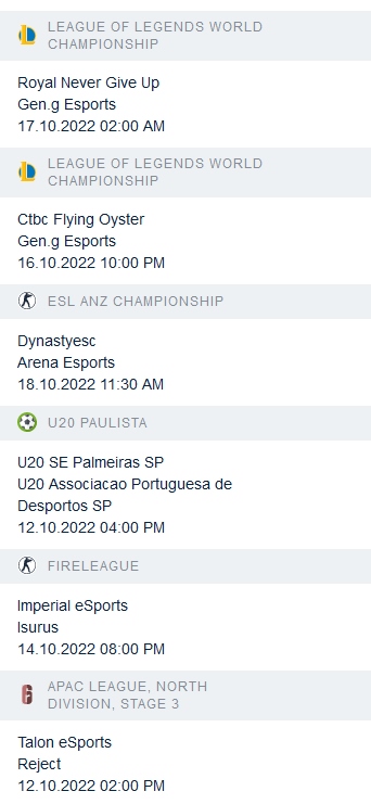 Resumen de los torneos Esport disponibles